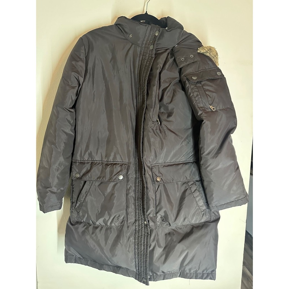DKNY Vintage Womens Black Faux Fur Hooded Puffer Coat Jacket Size L Y2K Winter - Picture 2 of 6